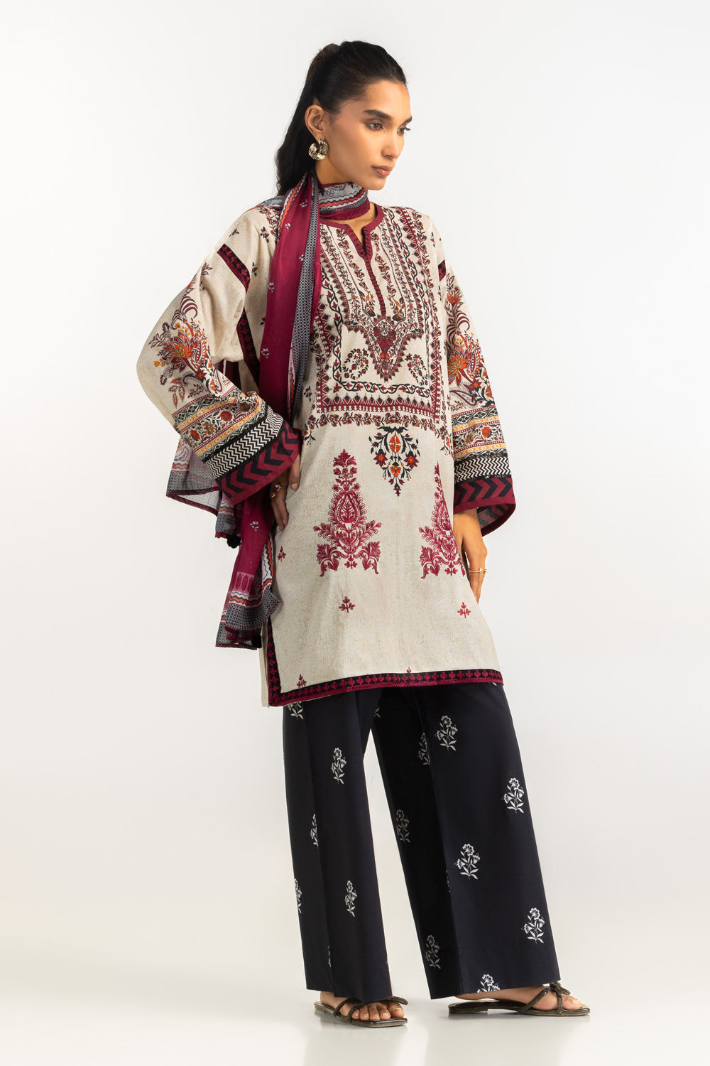 3PC Cambric Embroidered Suit With Printed Scarf