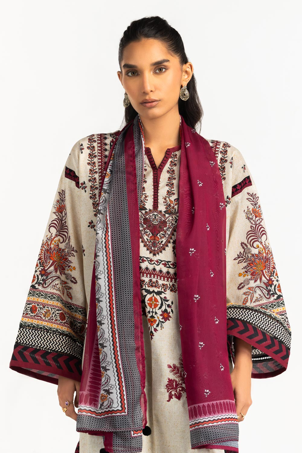 3PC Cambric Embroidered Suit With Printed Scarf