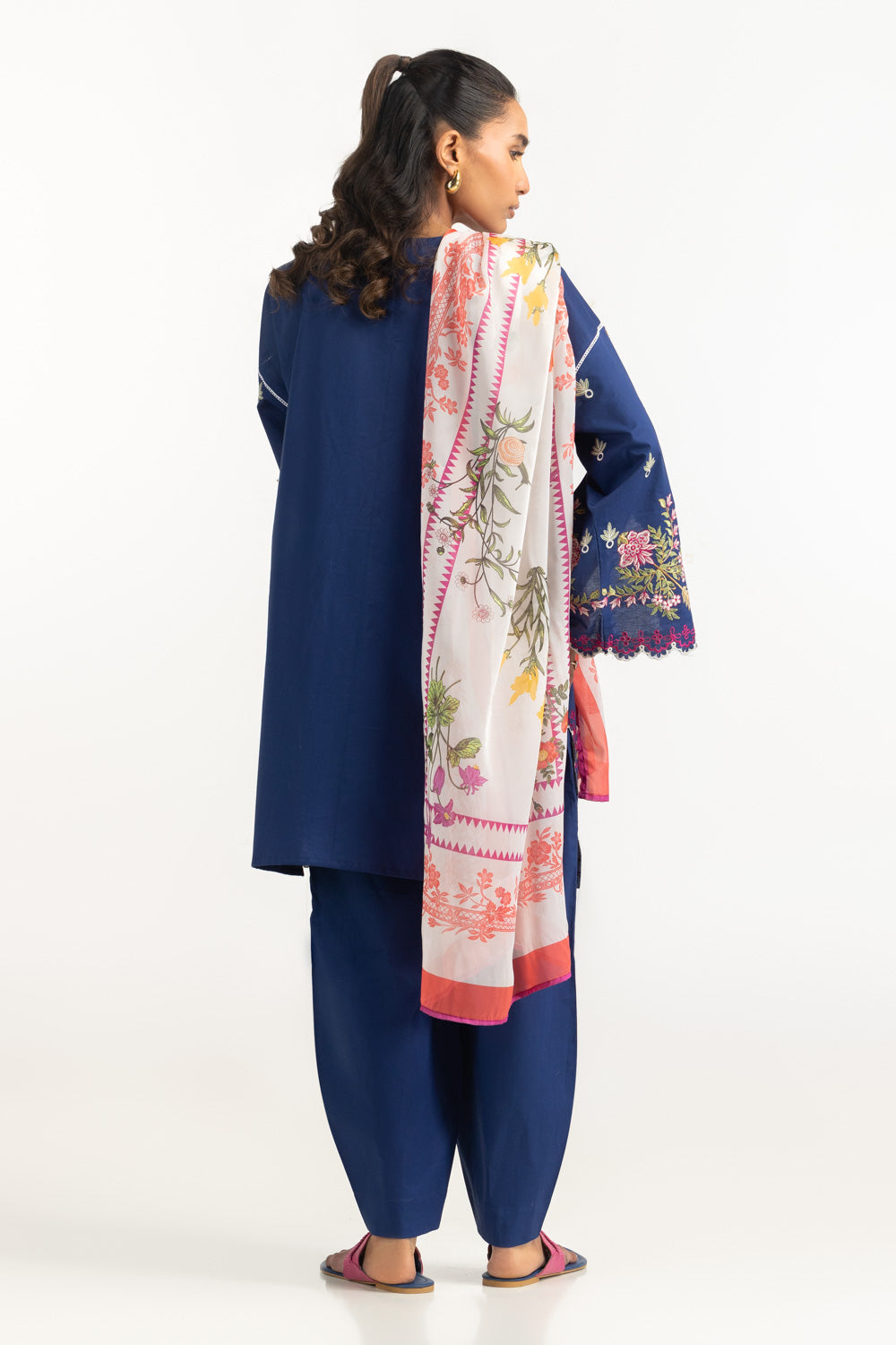 3Pc Cambric Embroidered Suit With Printed Scarf