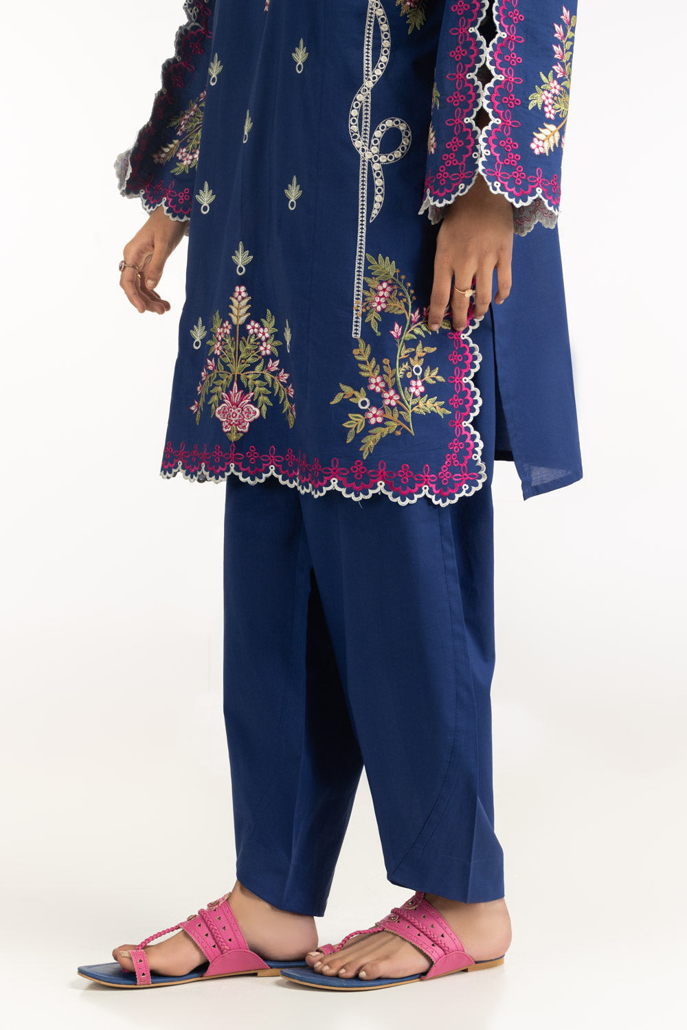 3Pc Cambric Embroidered Suit With Printed Scarf