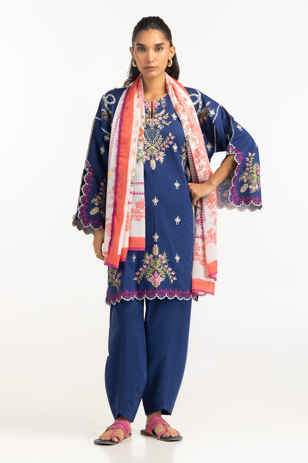 3Pc Cambric Embroidered Suit With Printed Scarf