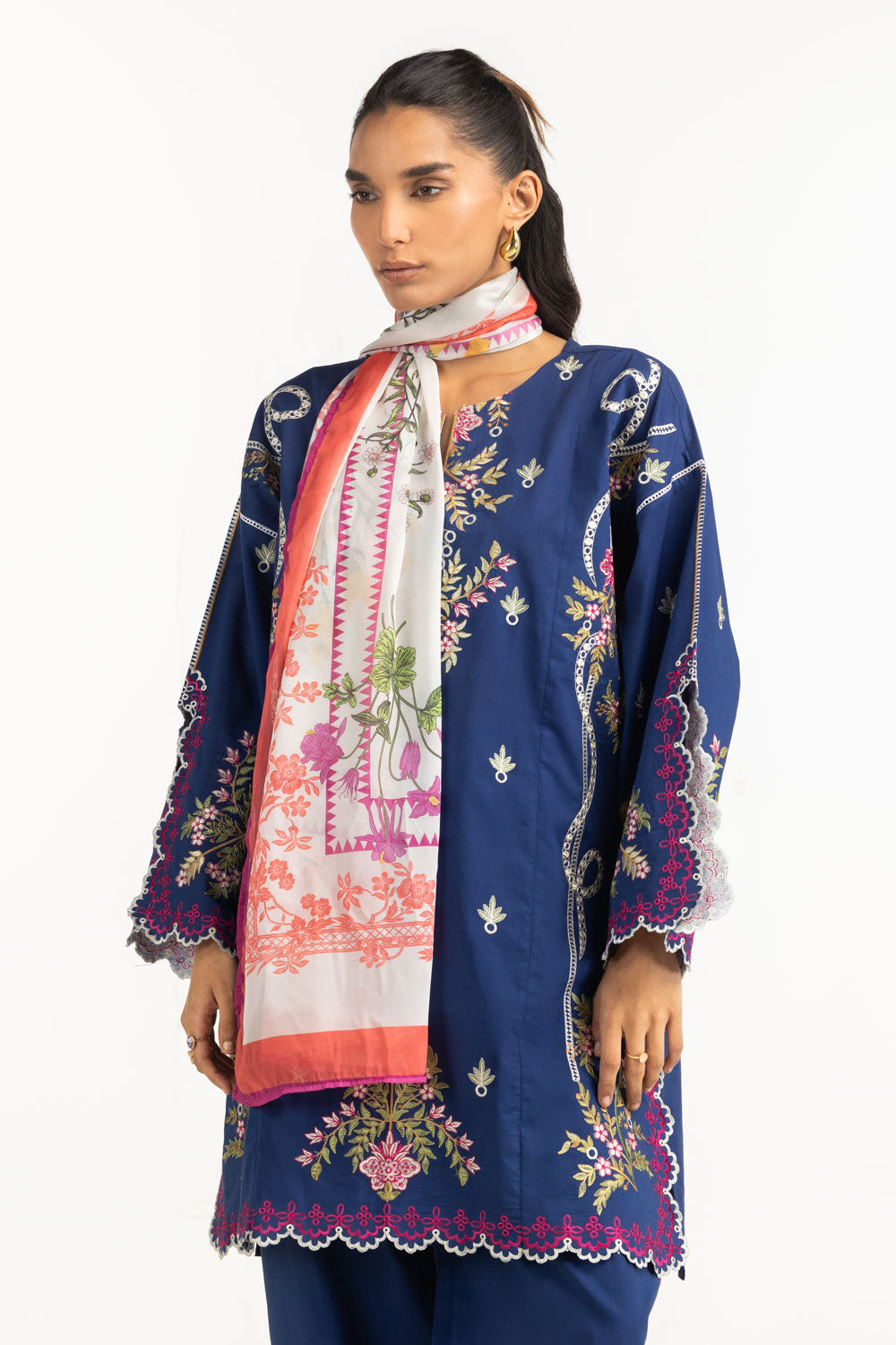 3Pc Cambric Embroidered Suit With Printed Scarf