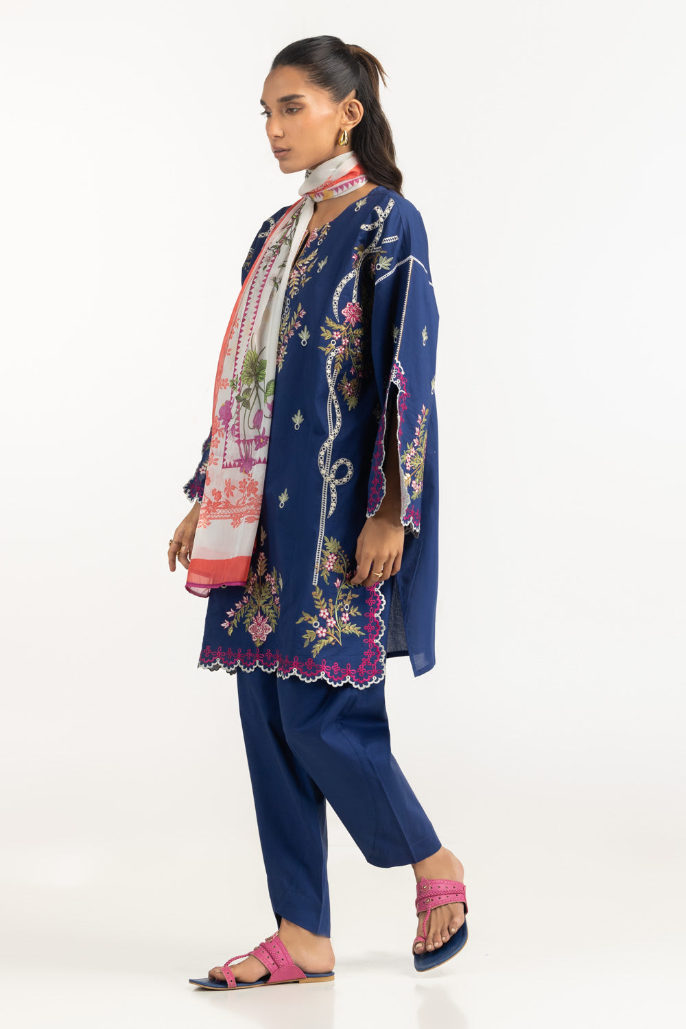 3Pc Cambric Embroidered Suit With Printed Scarf