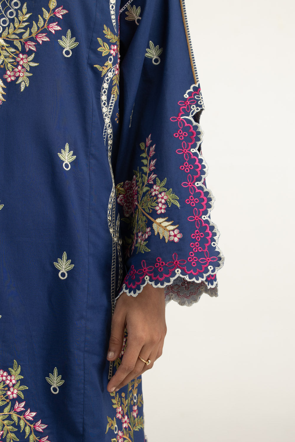 3Pc Cambric Embroidered Suit With Printed Scarf