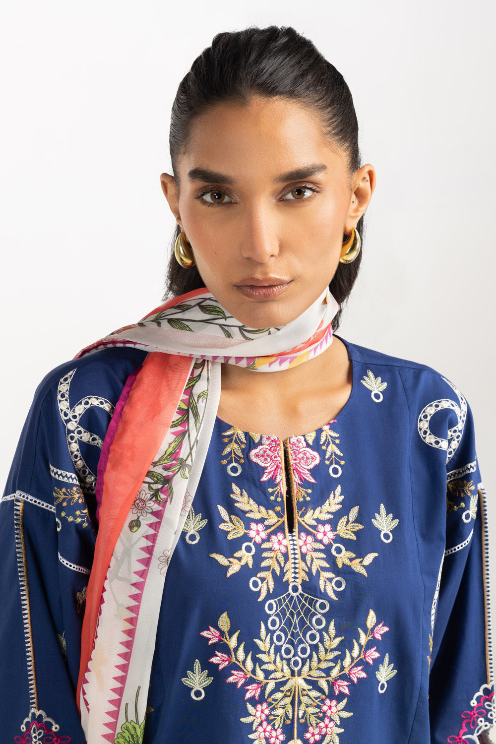 3Pc Cambric Embroidered Suit With Printed Scarf