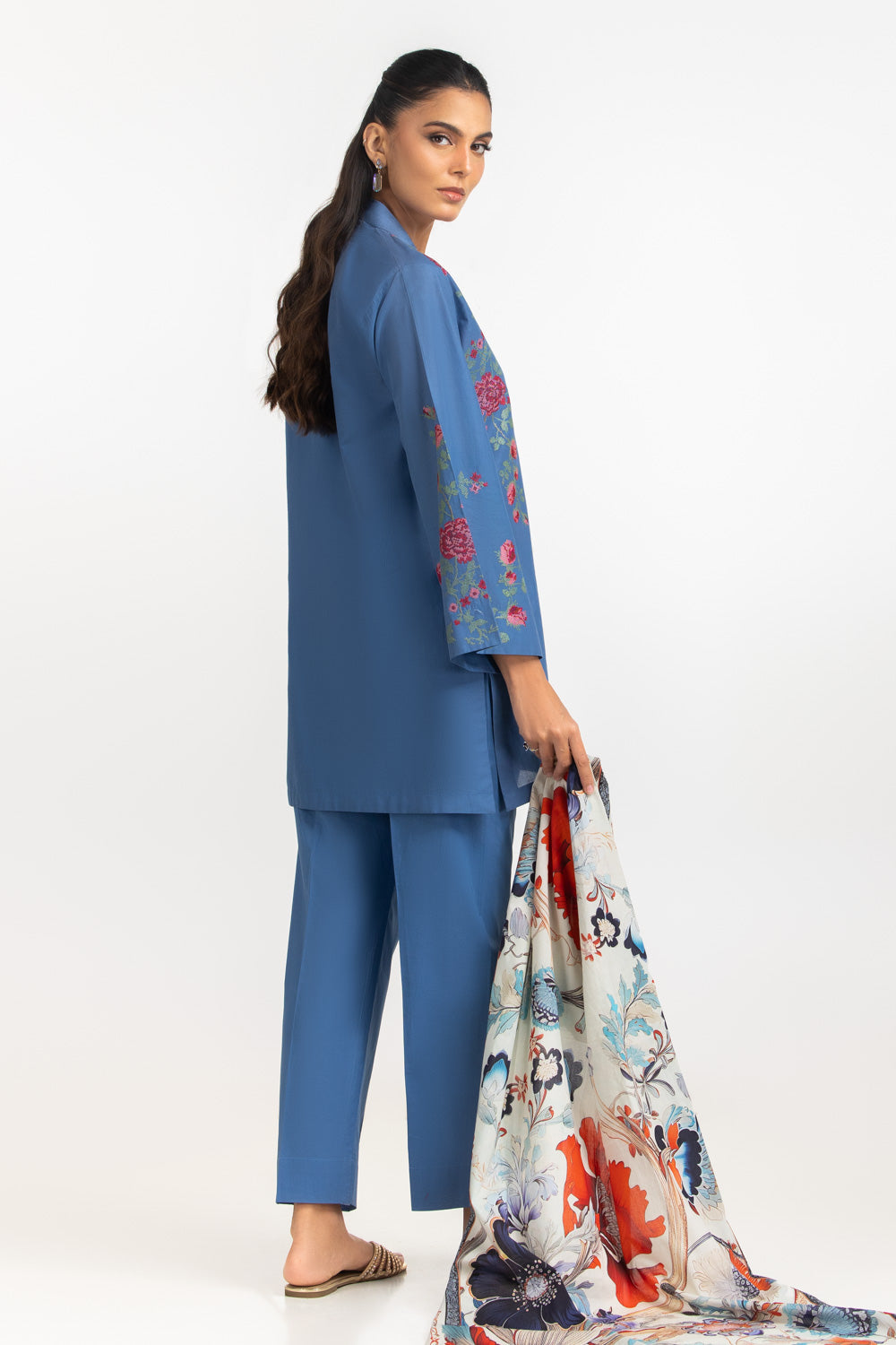 3Pc Cambric Embroidered Suit With Scarf