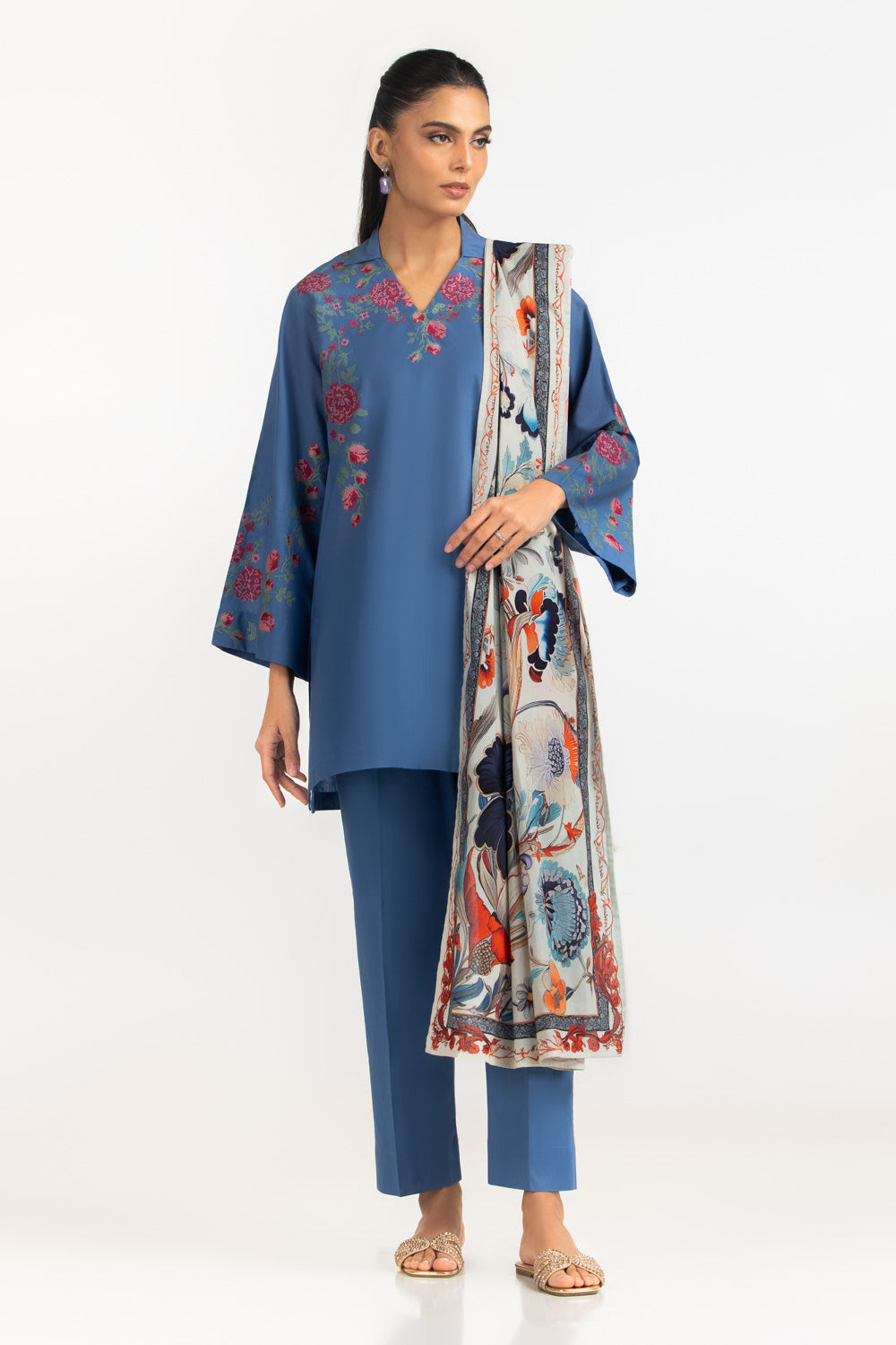 3Pc Cambric Embroidered Suit With Scarf