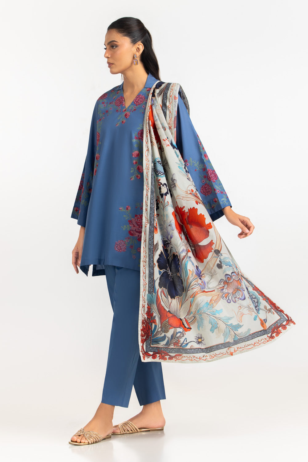3Pc Cambric Embroidered Suit With Scarf