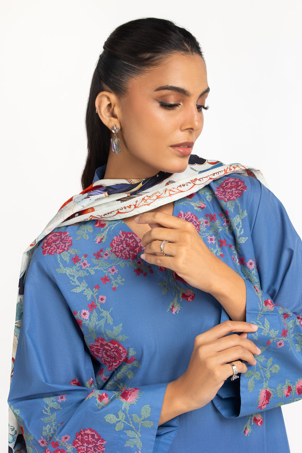 3Pc Cambric Embroidered Suit With Scarf