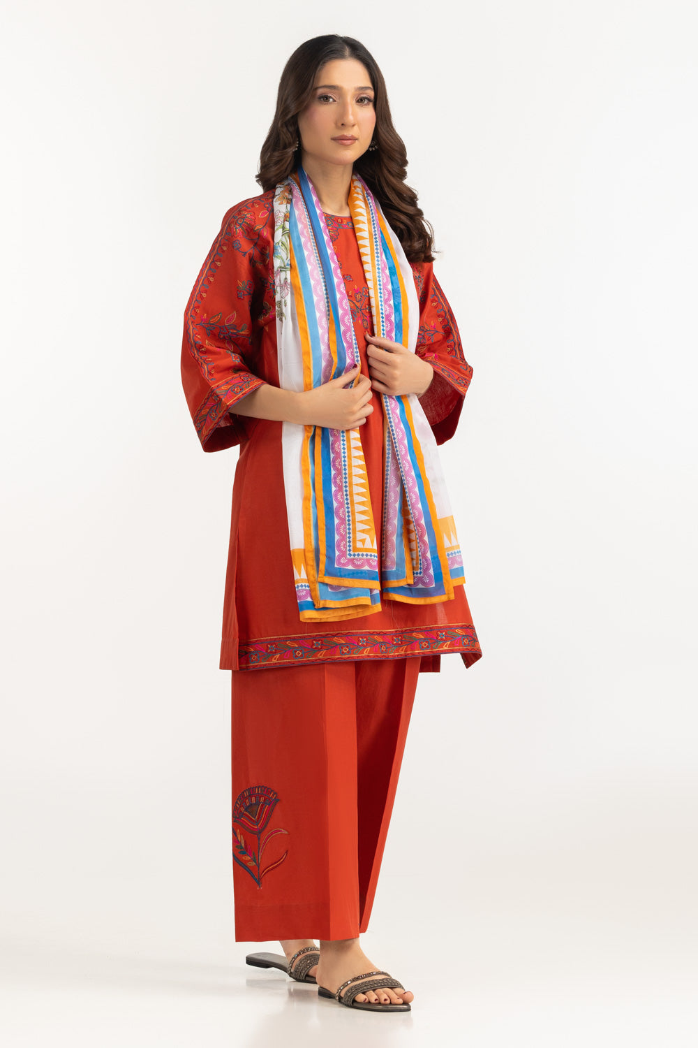 3Pc Cambric Embroidered Suit With Scarf
