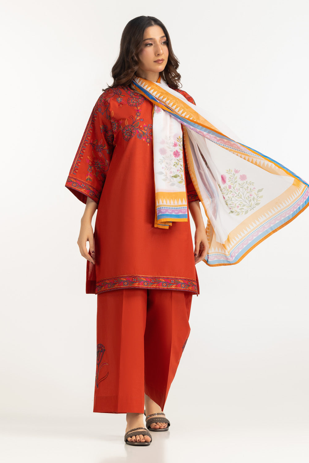3Pc Cambric Embroidered Suit With Scarf