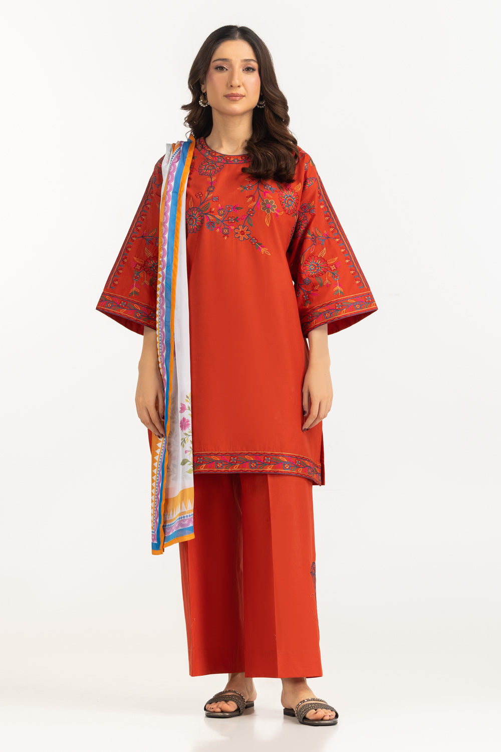 3Pc Cambric Embroidered Suit With Scarf