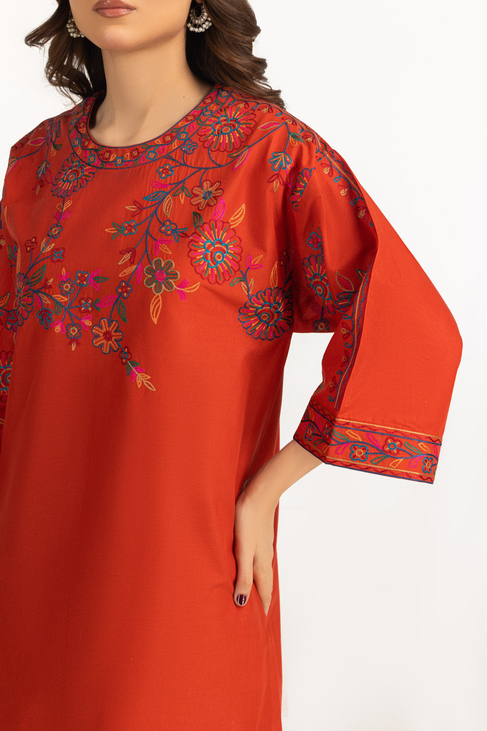 3Pc Cambric Embroidered Suit With Scarf