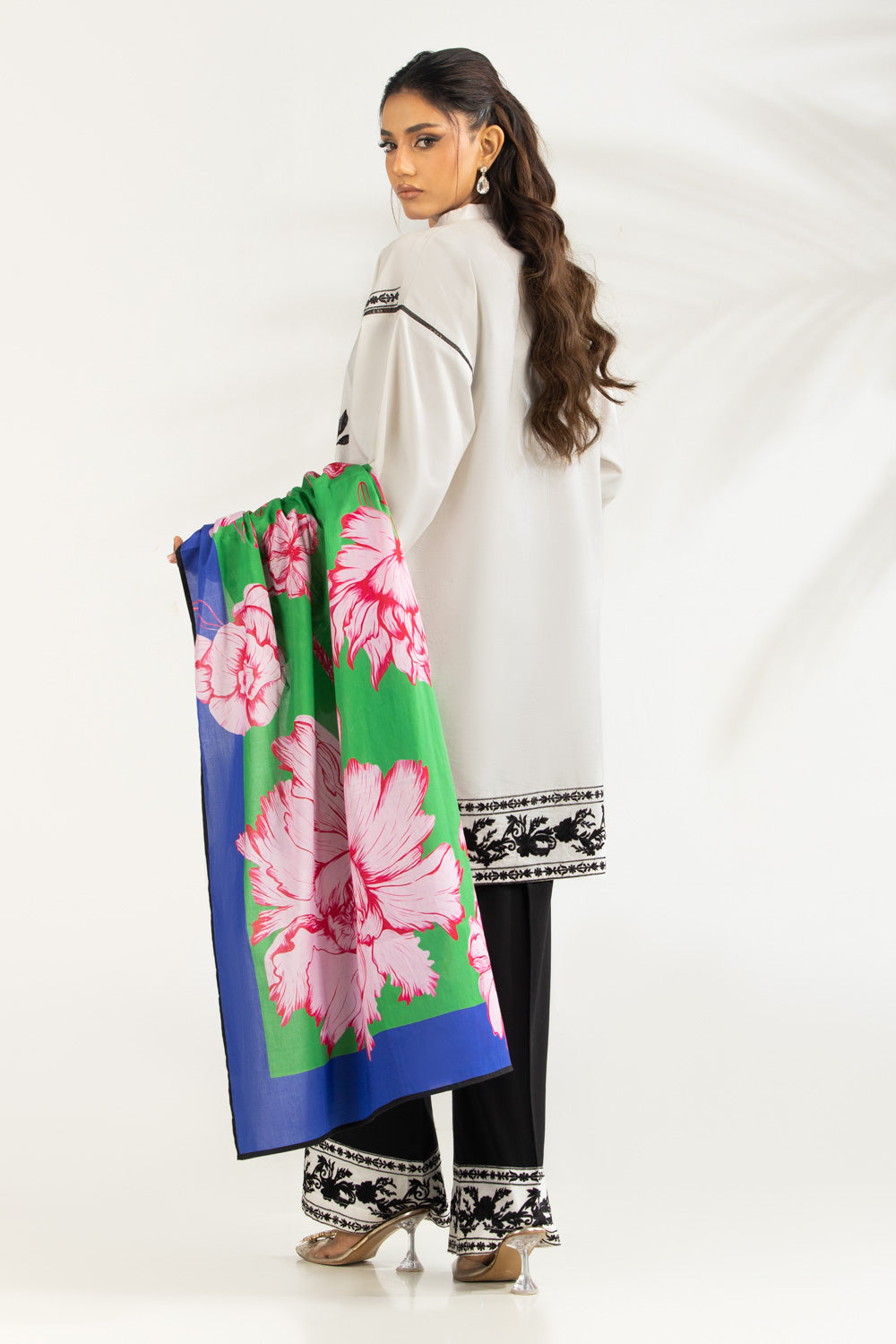 3Pc Cambric Embroidered Suit With Scarf