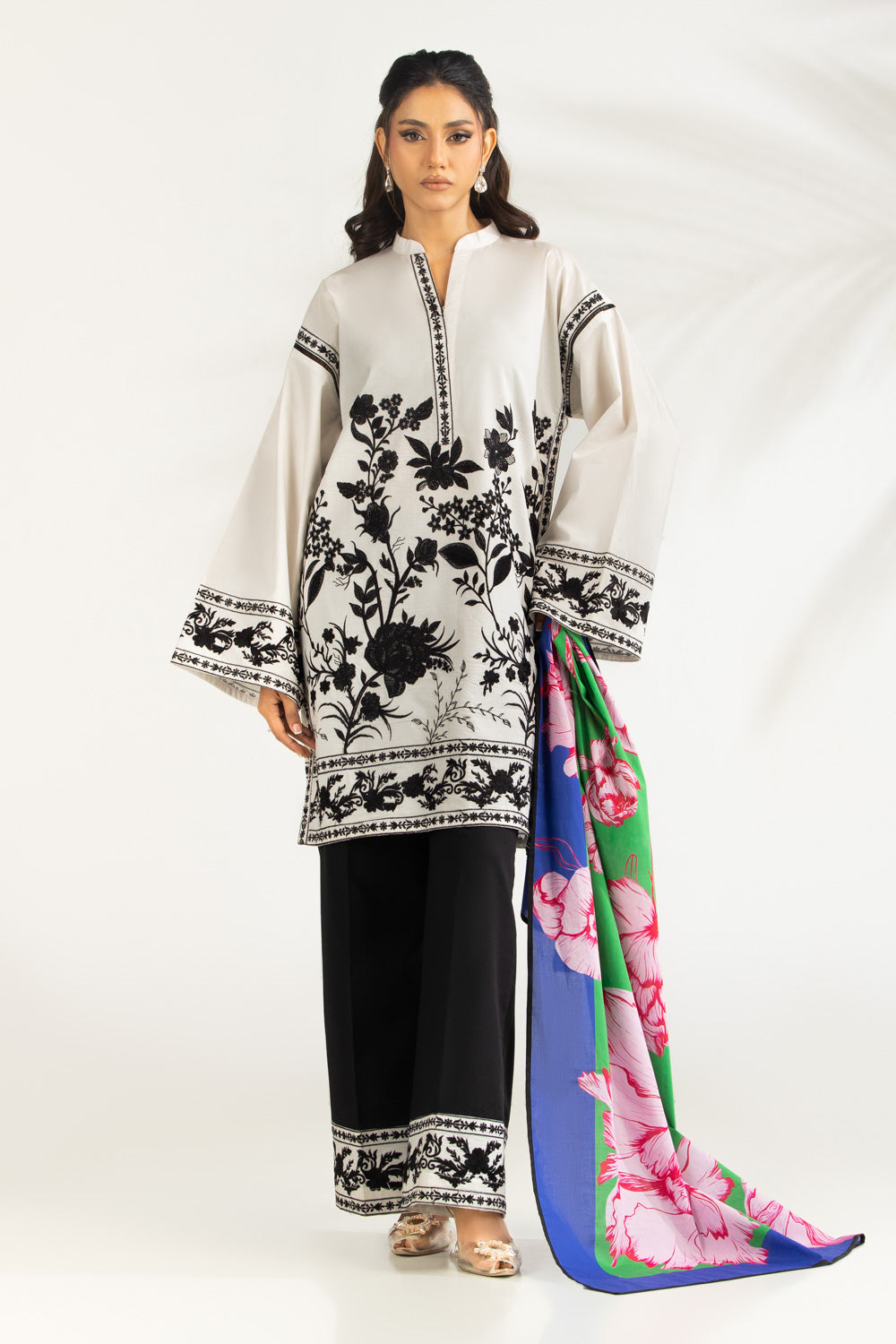3Pc Cambric Embroidered Suit With Scarf
