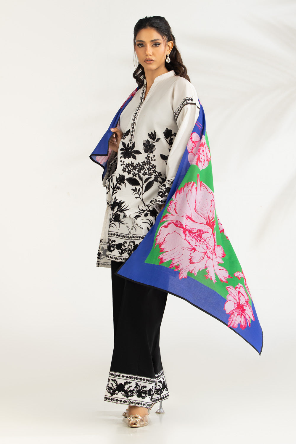 3Pc Cambric Embroidered Suit With Scarf