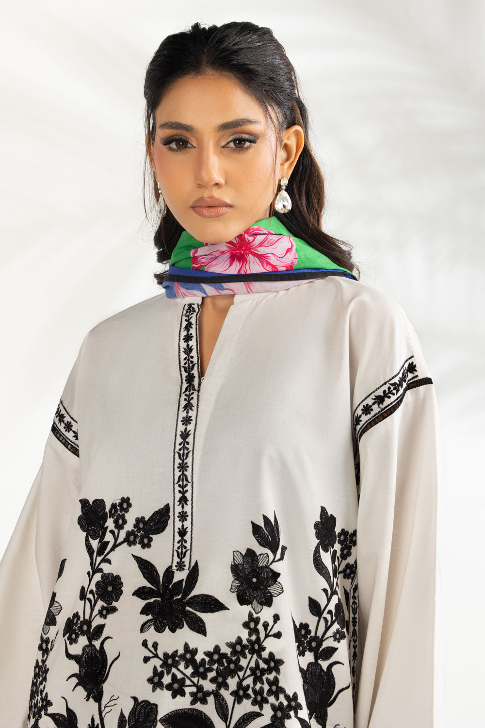3Pc Cambric Embroidered Suit With Scarf