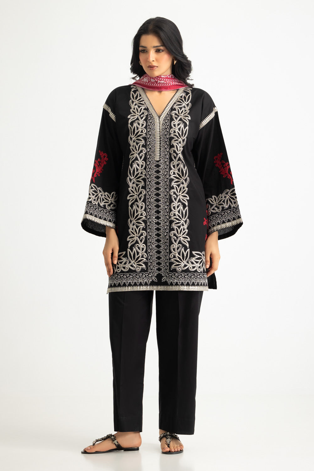 3Pc Cambric Embroidered Suit With Scarf