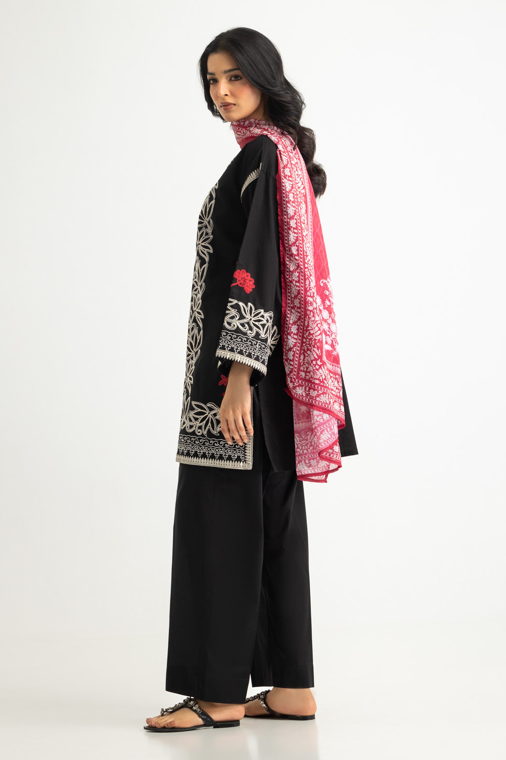 3Pc Cambric Embroidered Suit With Scarf