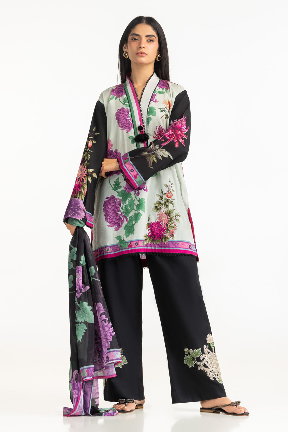 3Pc Cambric Printed Shirt And Embroidered Trouser With Printed Scarf