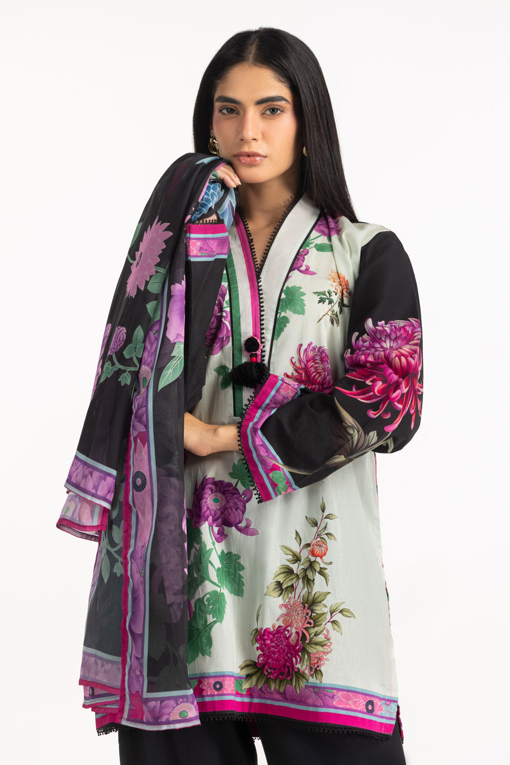 3Pc Cambric Printed Shirt And Embroidered Trouser With Printed Scarf