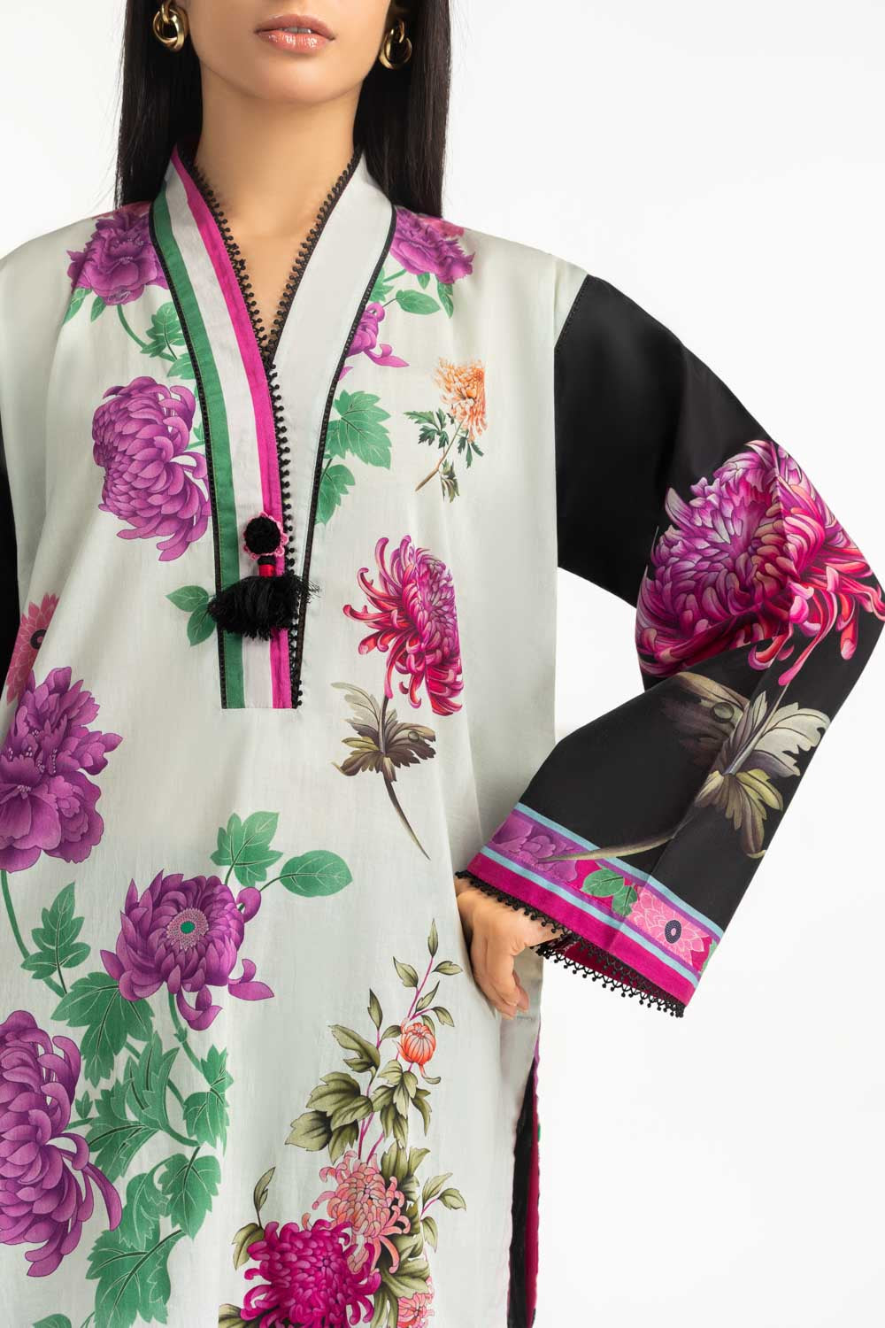 3Pc Cambric Printed Shirt And Embroidered Trouser With Printed Scarf