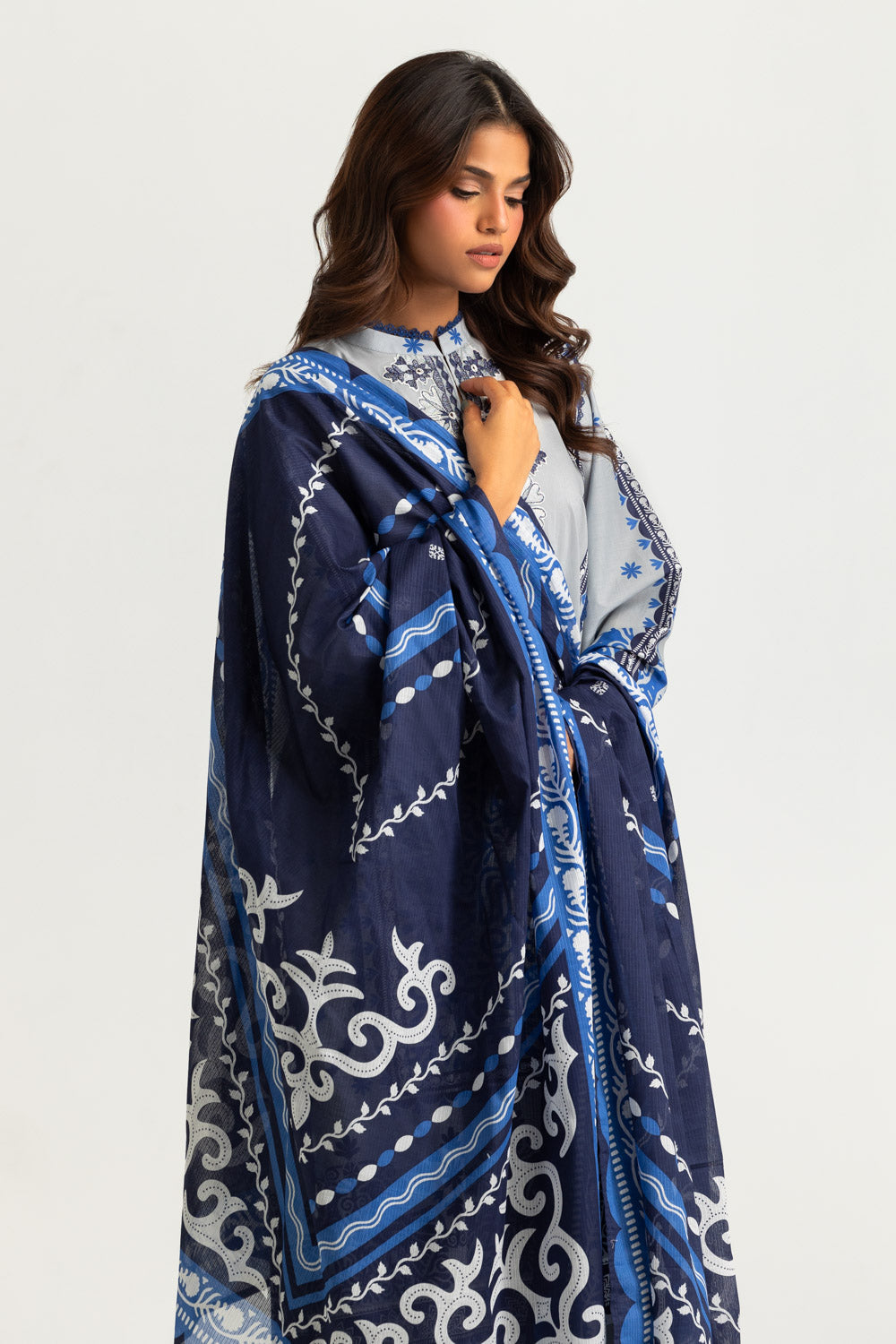 3PC Cambric Printed Suit With Embroidered