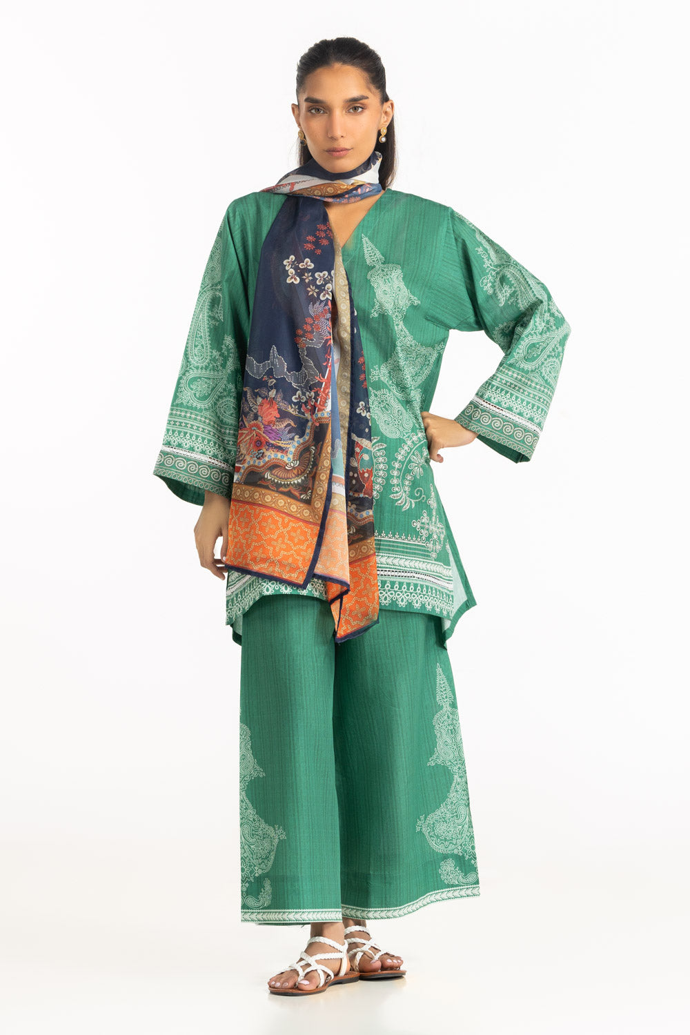 3Pc Cambric Printed Suit With Scarf