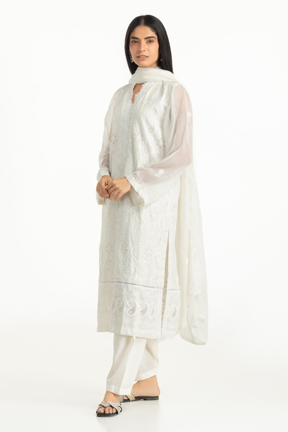3Pc Chiffon Embroidered Suit