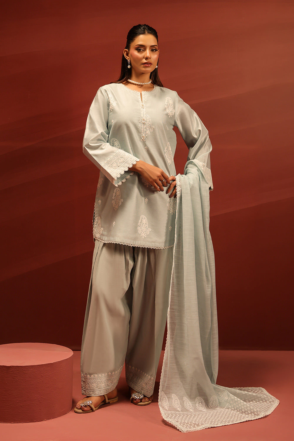 3PC Cotton Embroidered Suit