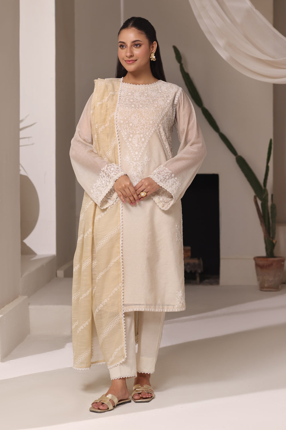 3Pc Cotton Net Embroidered Suit