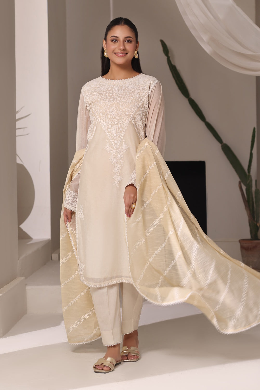 3Pc Cotton Net Embroidered Suit