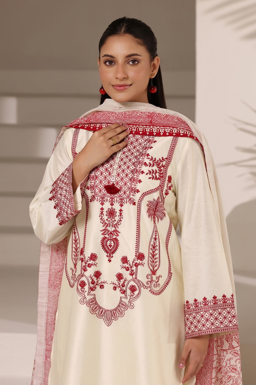 3Pc Cotton Net Embroidered Suit