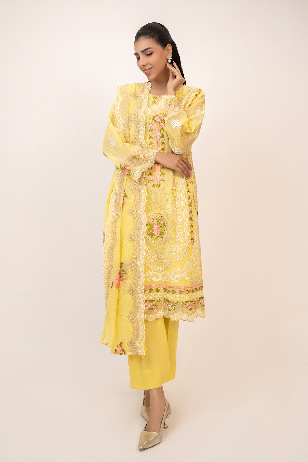 3Pc Cotton Net Embroidered Suit