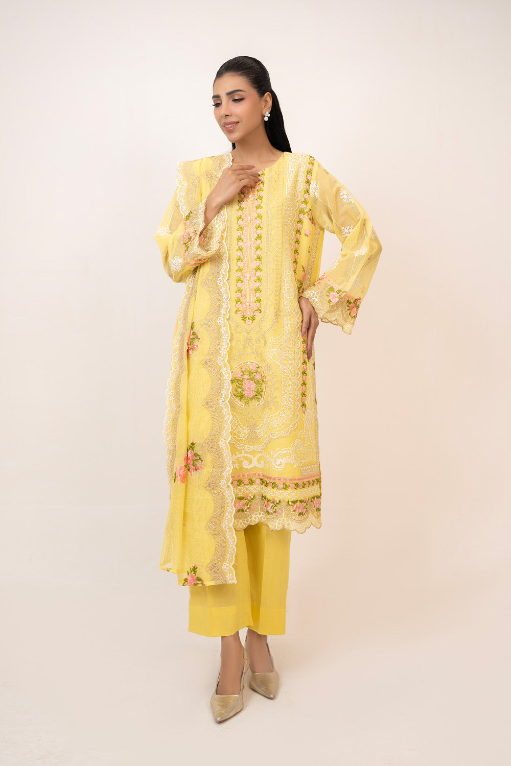 3Pc Cotton Net Embroidered Suit