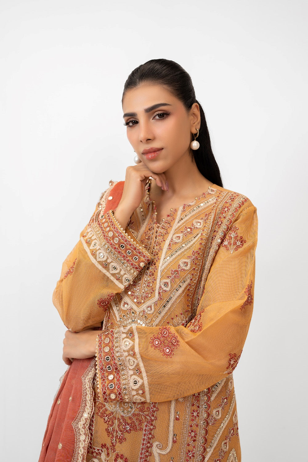 3Pc Cotton Net Embroidered Suit