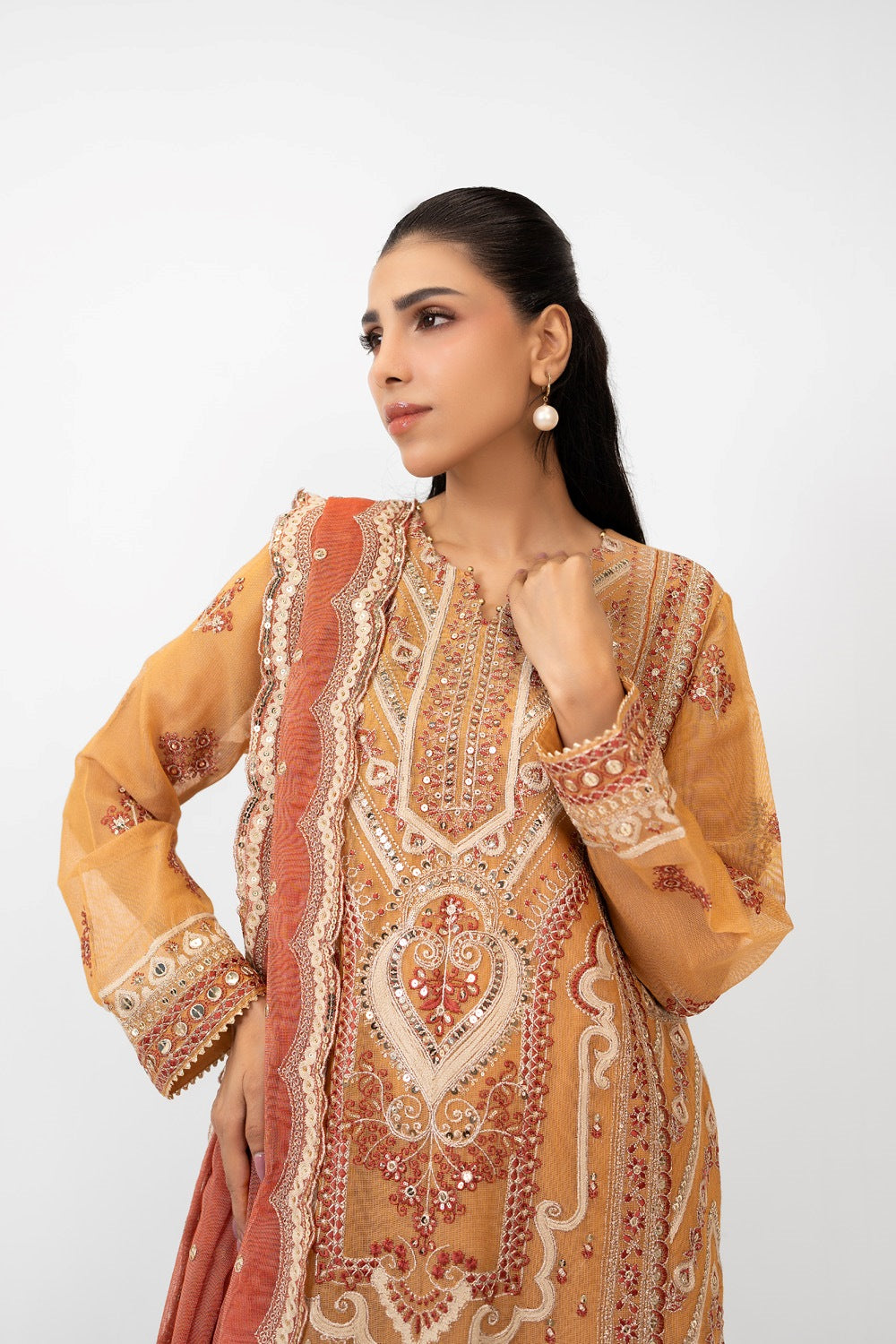 3Pc Cotton Net Embroidered Suit