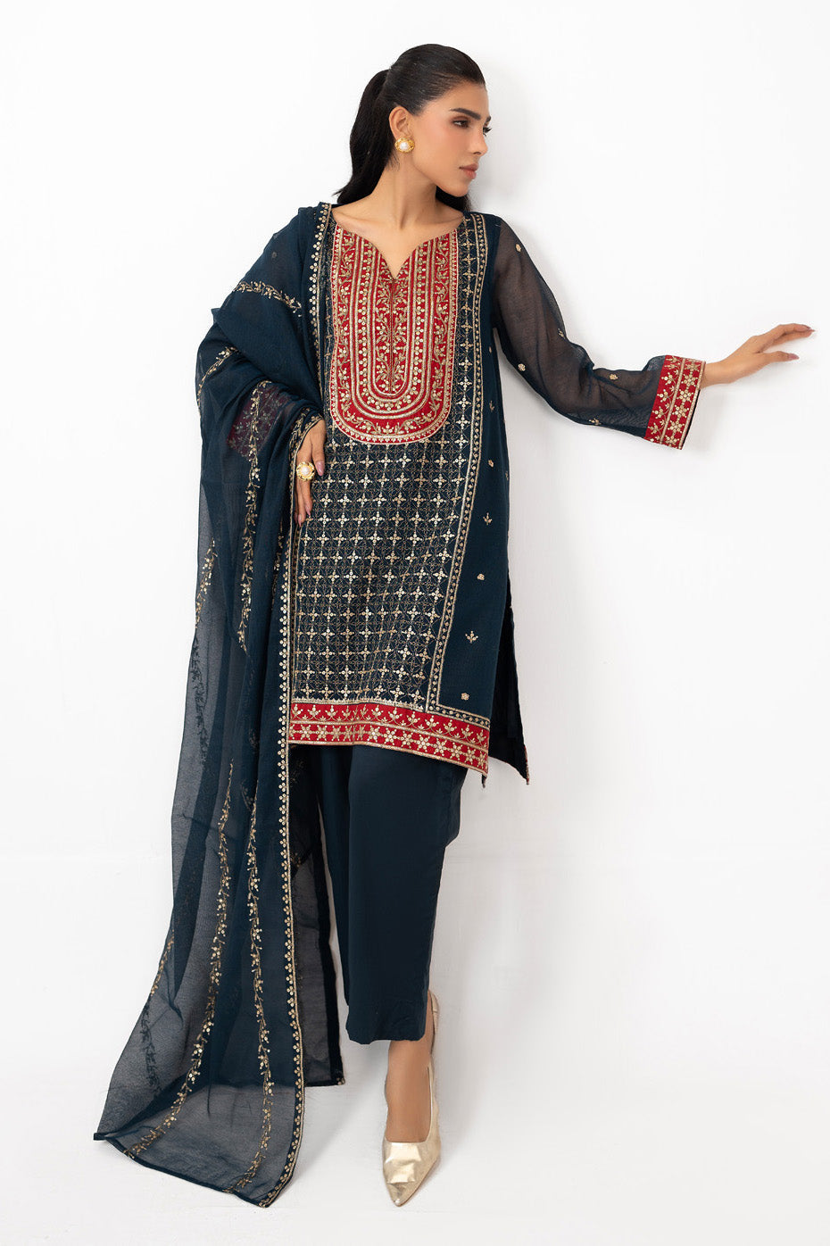 3Pc Cotton Net Embroidered Suit