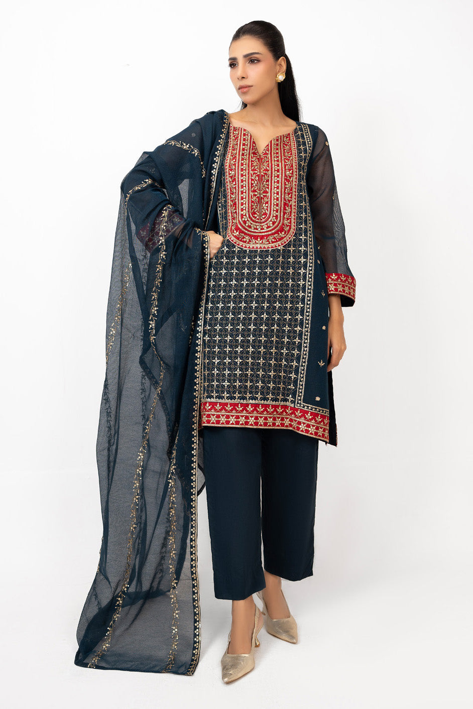 3Pc Cotton Net Embroidered Suit