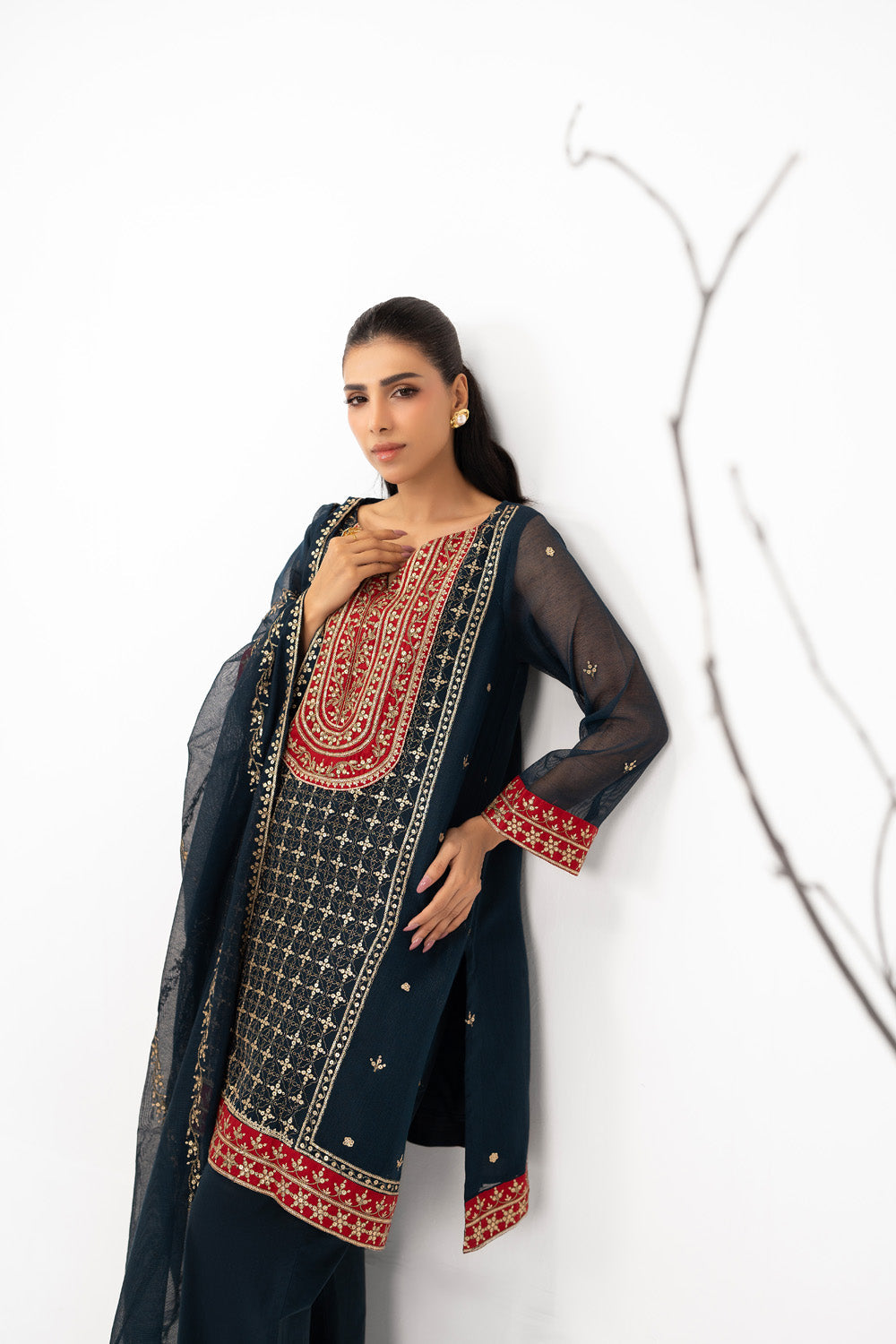 3Pc Cotton Net Embroidered Suit