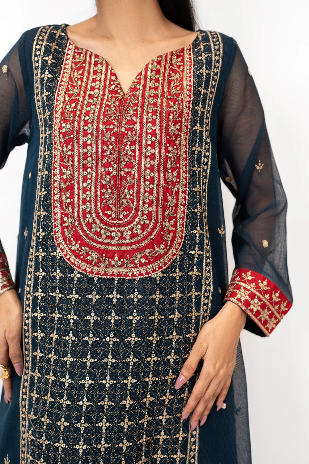 3Pc Cotton Net Embroidered Suit