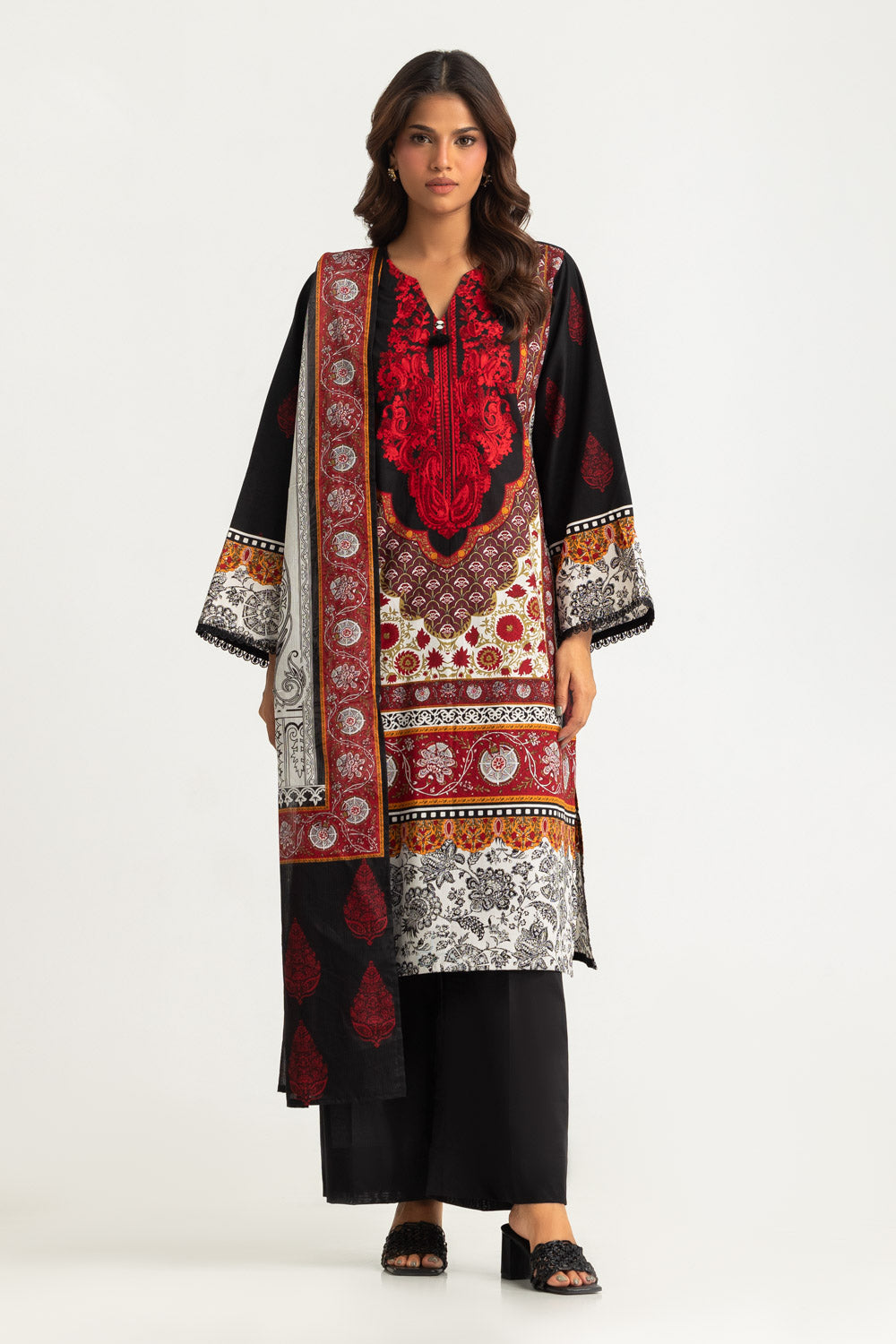 3PC Cotton Printed Suit With Embroidered