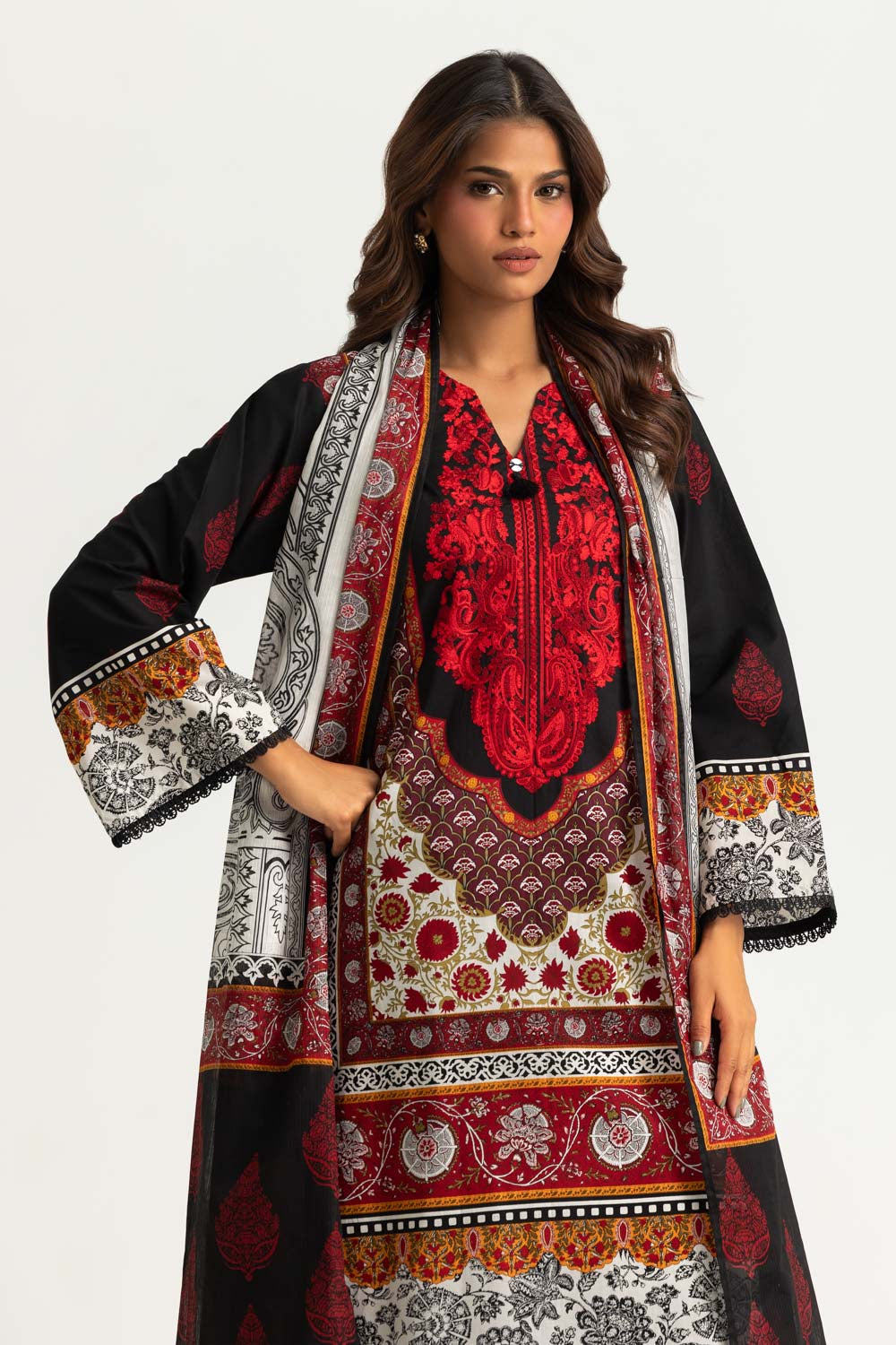 3PC Cotton Printed Suit With Embroidered