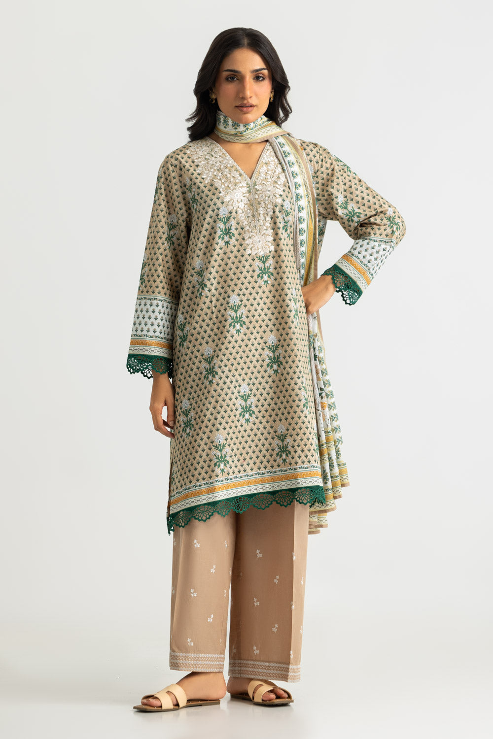 3PC Cotton Printed Suit With Embroidered