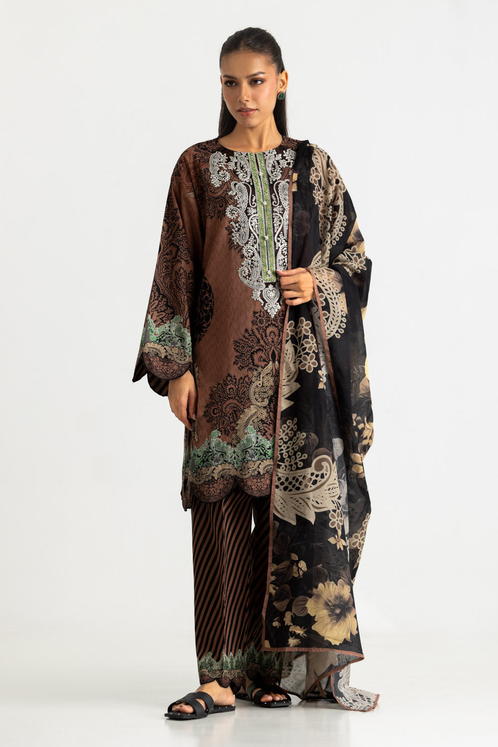 3PC Cotton Printed Suit With Embroidered