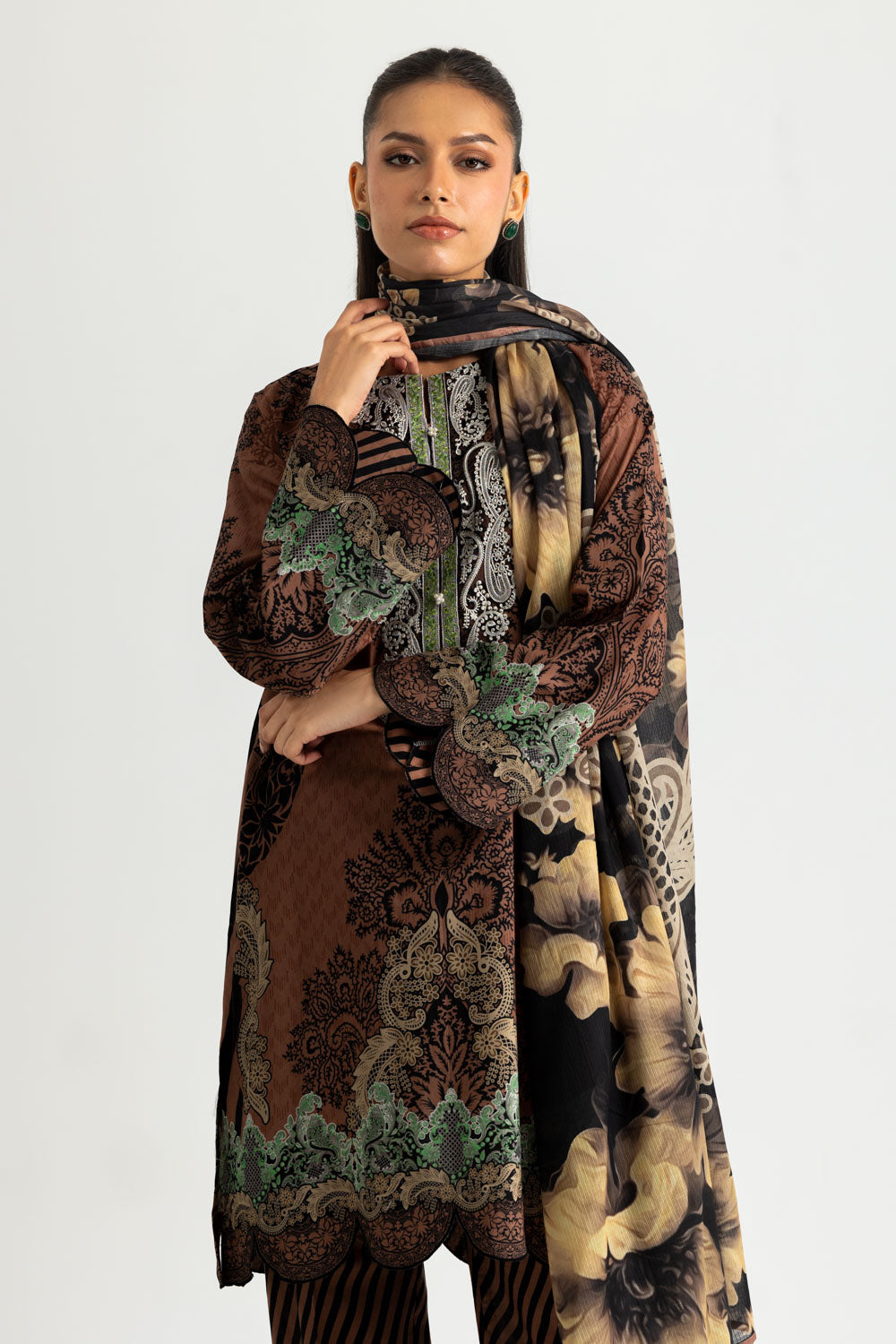 3PC Cotton Printed Suit With Embroidered