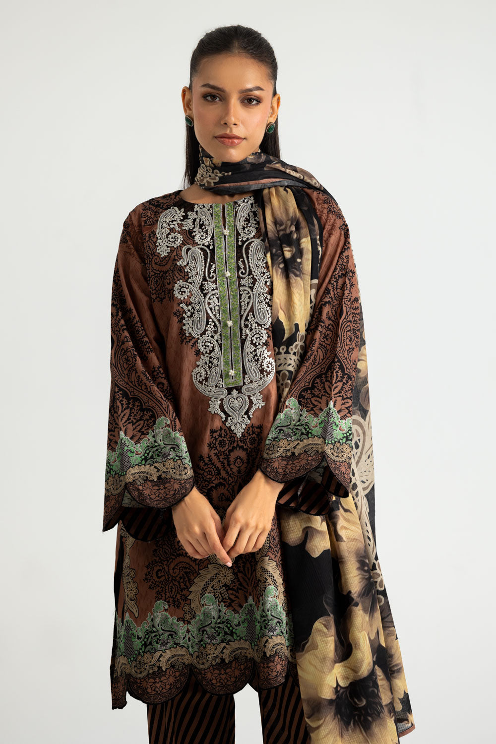 3PC Cotton Printed Suit With Embroidered