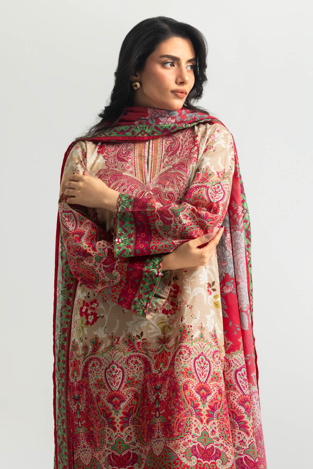 3PC Cotton Printed Suit With Embroidered