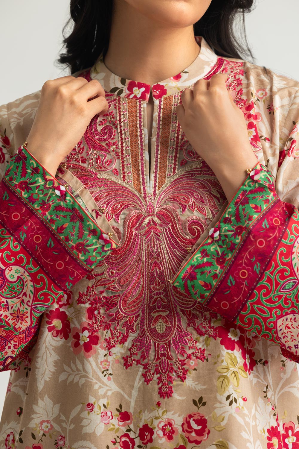 3PC Cotton Printed Suit With Embroidered
