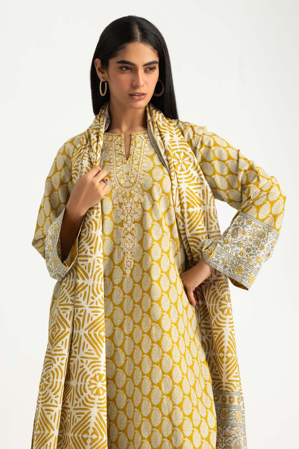 3PC Cotton Printed Suit With Embroidered